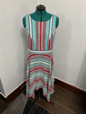 Robbie Bee Sleeveless Aztec Print Fit & Flare Dress in Teal and Coral 16W